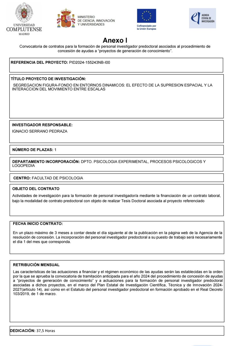 ¿Quieres hacer una tesis doctoral sobre percepción visual del movimiento 👀? Aprovecha para solicitar un contrato predoctoral en uno de los mejores laboratorios de percepción visual. El plazo termina el 24 de noviembre 🏃🏻.

Más info: ucm.es/ct65-25