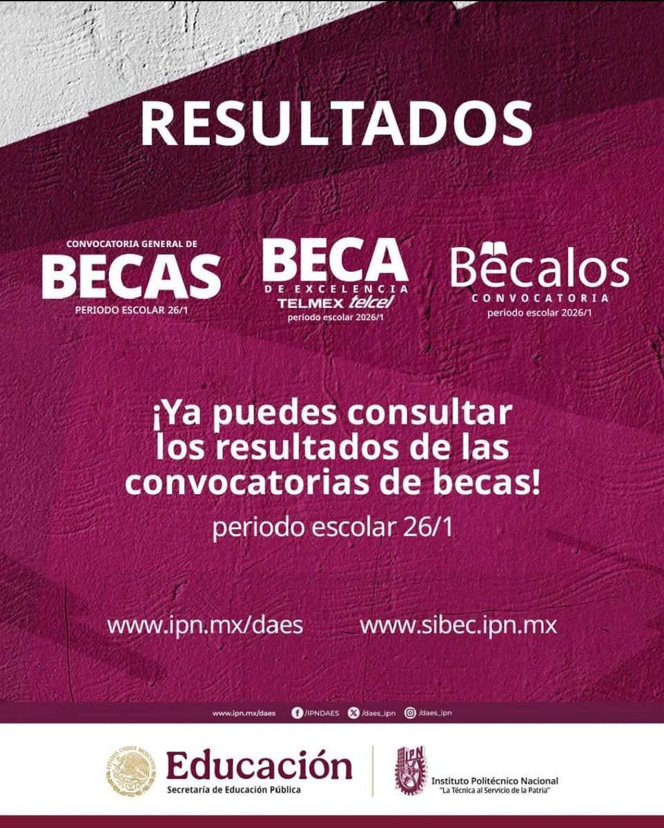 ¡ATENCIÓN!
¡Ya están los resultados de las Convocatorias de Becas del periodo 26/1!   
Consulta los resultados a través del SIBec: sibec.ipn.mx  Secretaría de Servicios Educativos IPN
#BecasIPN #ResultadosBecas #ConvocatoriaIPN #EstudiaConBeca