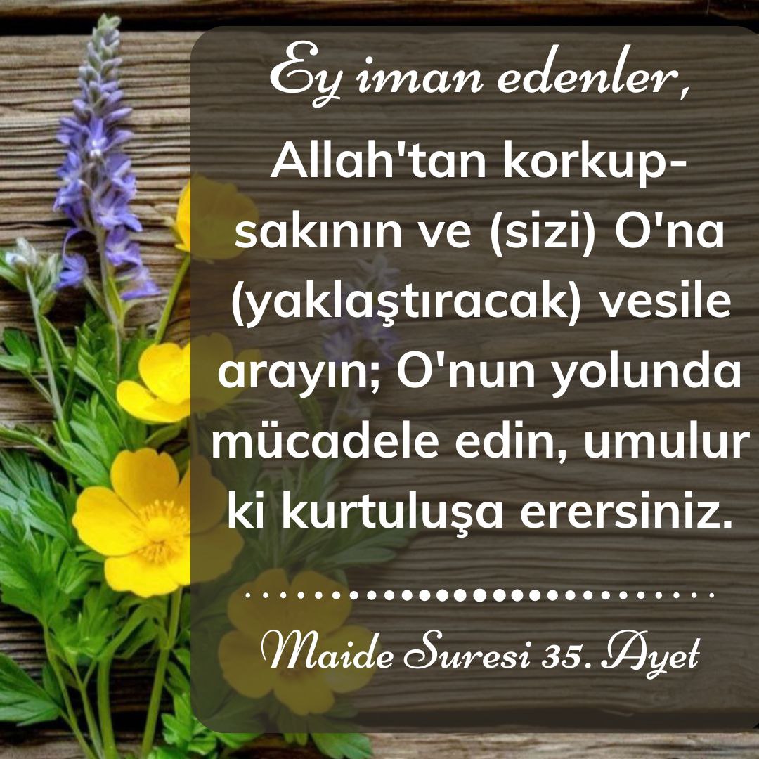 Ey iman edenler, Allah'tan korkup-sakının ve (sizi) O'na (yaklaştıracak) vesile arayın; O'nun yolunda mücadele edin, umulur ki kurtuluşa erersiniz. Maide Suresi 35. Ayet