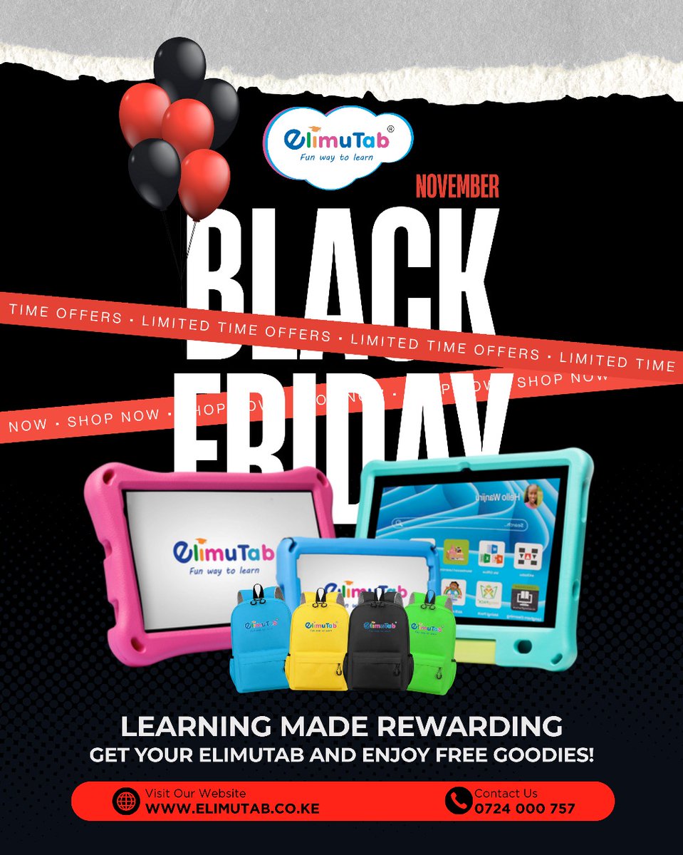 ElimuTab's tweet image. BLACK FRIDAY IS HERE!

Get your ElimuTab this November and walk away with a FREE bag, a free flask or free headphones.

We have great deals just for you this Black November,  so don&apos;t hesitate, get yours today.

#BlackFriday #ElimuTab #Educationaltablets