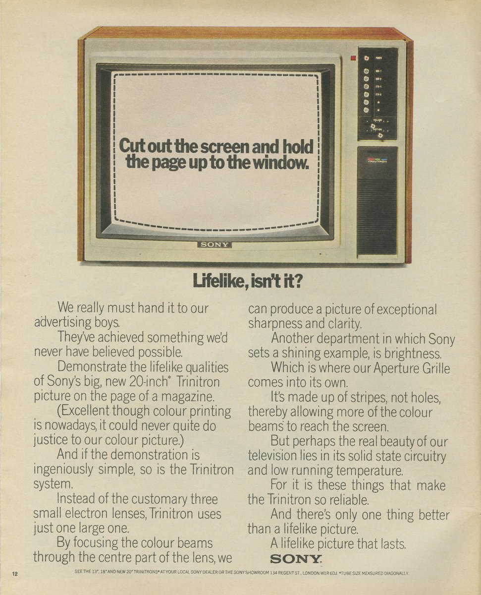 Sony cracked a problem that still haunts marketers: how do you prove your product is better when you can't actually show it in an ad?

Their solution was an instruction that made readers convince themselves to buy an expensive TV.

The ad showed a Trinitron with dashed lines