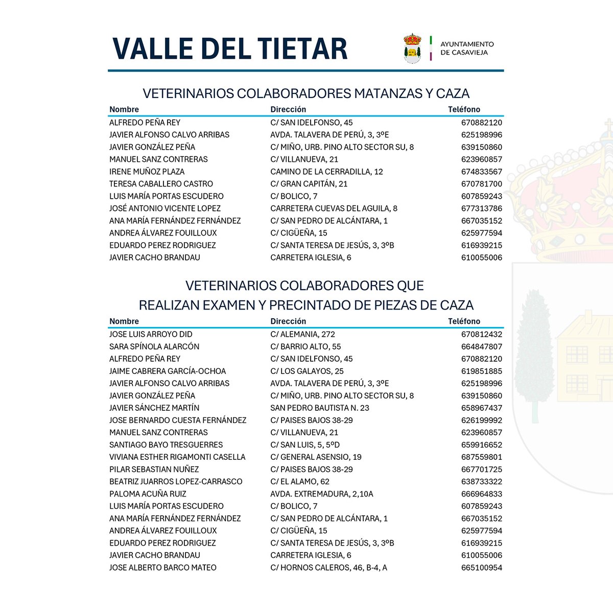 Vía Ayuntamiento de #Casavieja
Campaña de matanzas domiciliarias y análisis de triquina en cerdos y jabalís para autoconsumo, vigente hasta el primer domingo de abril
ayuntamientodecasavieja.es/campana-matanz…

Turismo Casavieja: guiatietar.com/casavieja/
-
#casavieja #valledeltietar #gredos #avila