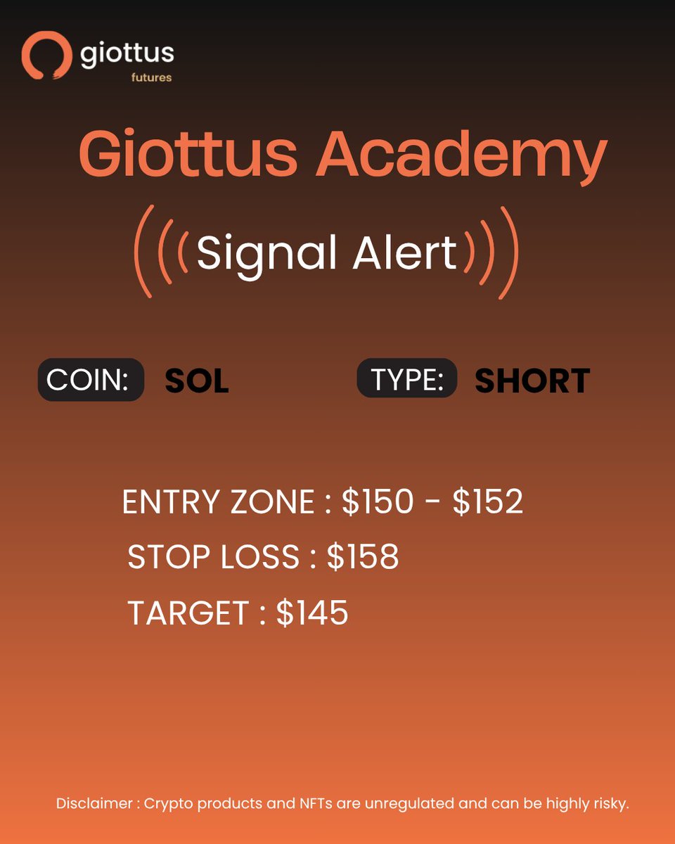 📉 Giottus Academy Signal Alert

SOL | SHORT

🎯 Entry: $150–$152 | SL: $158 | Target: $145

Trade here 👉 giottus.go.link/app/futures/SO…

#GiottusAcademy #GiottusFutures #CryptoSignals #CryptoMarket