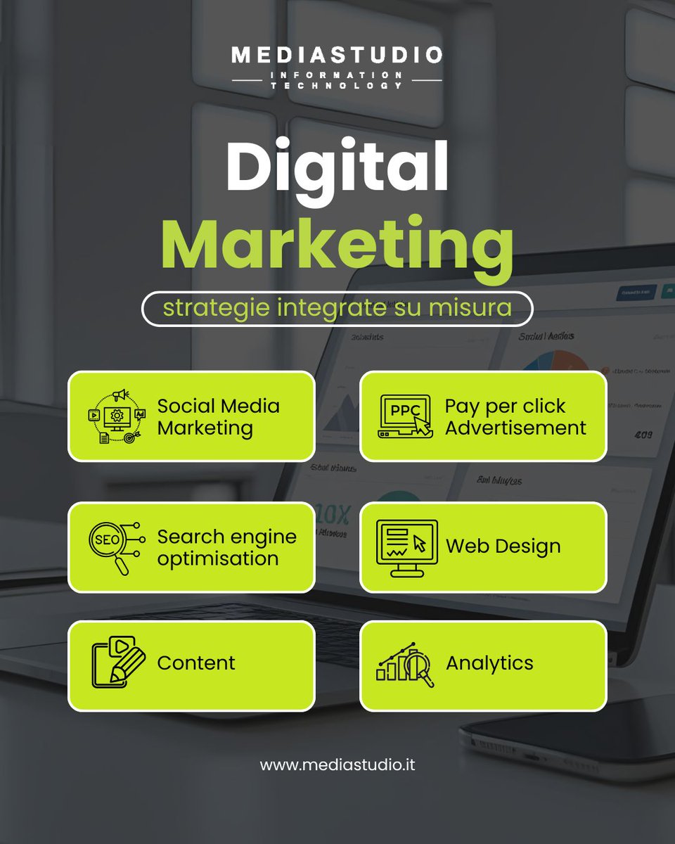 Il digital marketing di successo passa da una strategia integrata e su misura. Non basta più avere solo un sito web o aprire un profilo social: serve una visione completa e coordinata per emergere davvero. Contattaci per una consulenza info@mediastudio.it