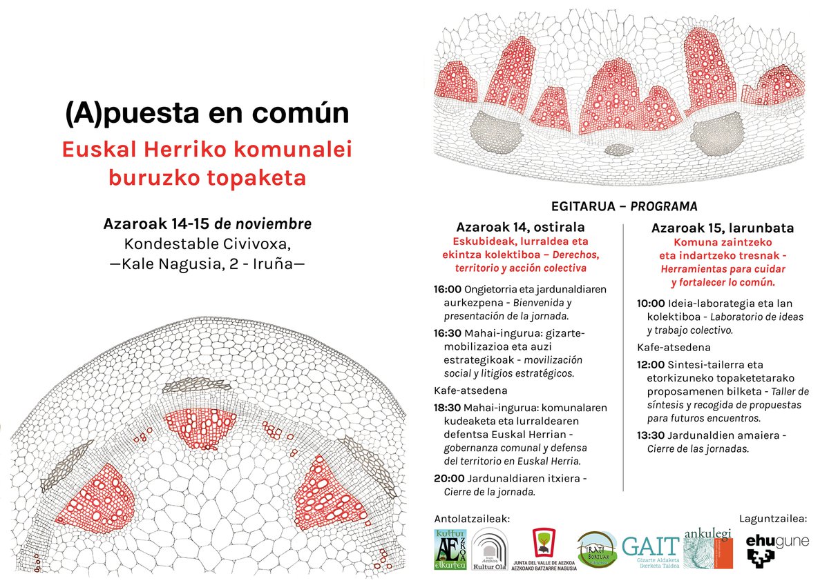 <a href="/ObservaDESCA/">Observatori DESCA</a> <a href="/calixtoescariz/">Calixto Escariz Abogados</a> <a href="/sustraierak/">Sustrai Erakuntza</a> <a href="/ErdizBizirik/">Erdiz Bizirik</a> <a href="/guggenurdaibai/">guggenheimurdaibaistop</a> <a href="/ArabaBizirik/">Araba Bizirik</a> <a href="/ArakadiaE/">Arakadia Antropologia Elkartea</a> <a href="/gob_na/">Gobierno de Navarra</a> <a href="/Araba/">Arabako Foru Aldundia | Diputación Foral de Álava</a> <a href="/Bizkaia/">Bizkaiko Foru Aldundia/Diputación Foral de Bizkaia</a> <a href="/OrainIngurumena/">Gipuzkoa Ingurumena</a> <a href="/GipuzkoaLanda/">Gipuzkoa - Gure Lurra</a> <a href="/IISJOnati/">IISJ-IISL Oñati</a> <a href="/IuraVasconiae/">Fundación Iura Vasconiae</a> <a href="/Nabarralde/">Nabarralde</a> No os olvidéis de compartir y difundir entre aquellas personas o entidades que puedan estar interesadas en participar. 
Eskerrik asko! Nos vemos en Iruña.