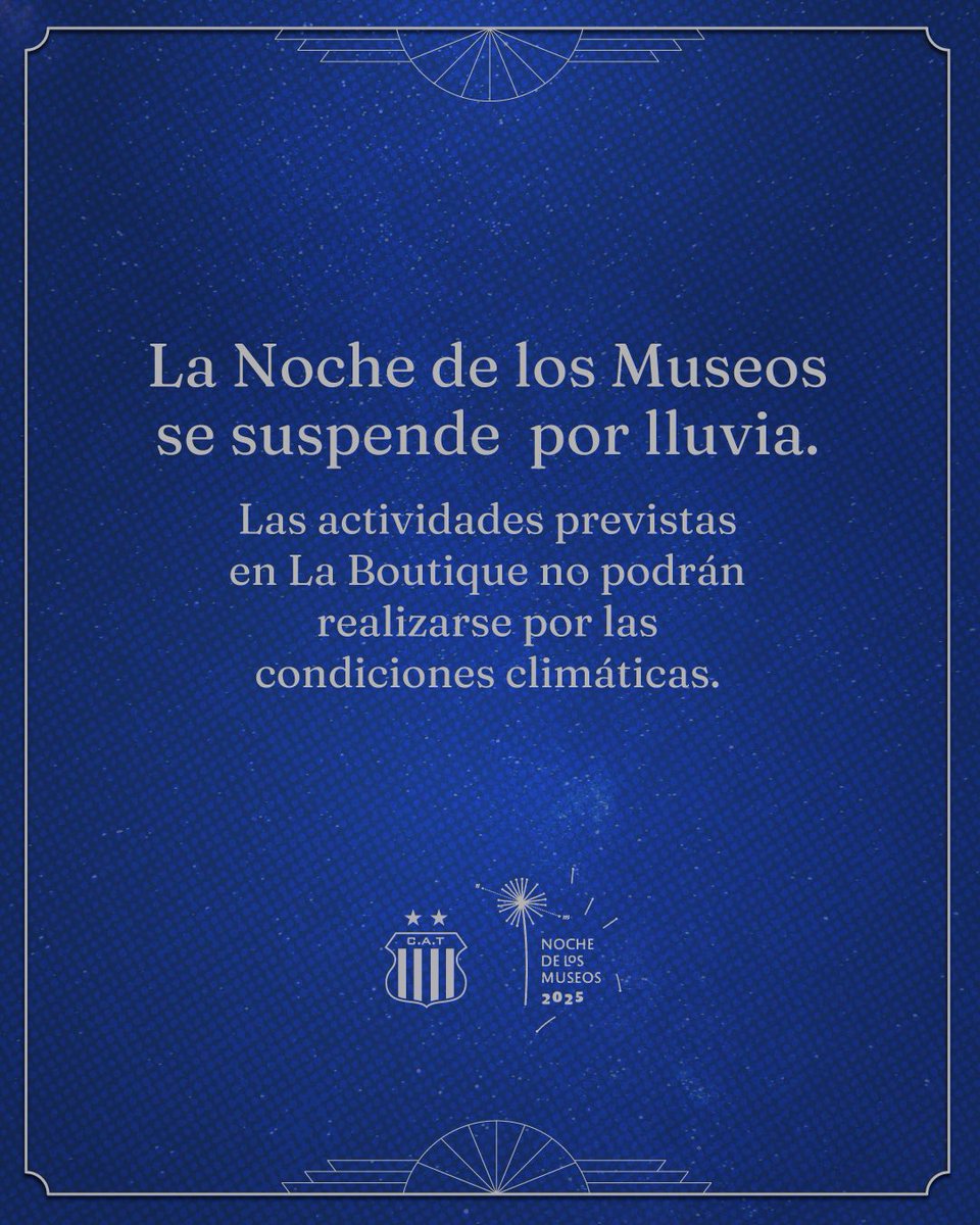 𝐍𝐨𝐜𝐡𝐞 𝐝𝐞 𝐥𝐨𝐬 𝐌𝐮𝐬𝐞𝐨𝐬 𝐒𝐔𝐒𝐏𝐄𝐍𝐃𝐈𝐃𝐀 𝐞𝐧 𝐁𝐨𝐮𝐭𝐢𝐪𝐮𝐞 

👉🏼 Comunicamos la 𝐬𝐮𝐬𝐩𝐞𝐧𝐬𝐢ó𝐧 de la actividad programada para el día de hoy en el Estadio La Boutique por razones climáticas. La abundante caída de agua no nos permite avanzar en el armado de