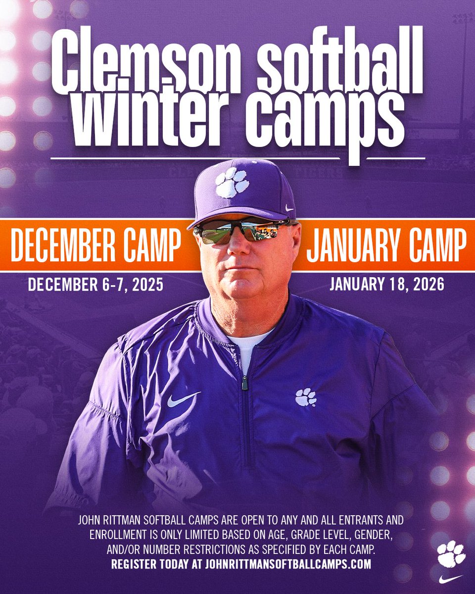 Don’t miss your chance to train with <a href="/clemsonsoftball/">Clemson Softball 🥎</a> this winter! 

Limited spots available!

Register :johnrittmansoftballcamps.com