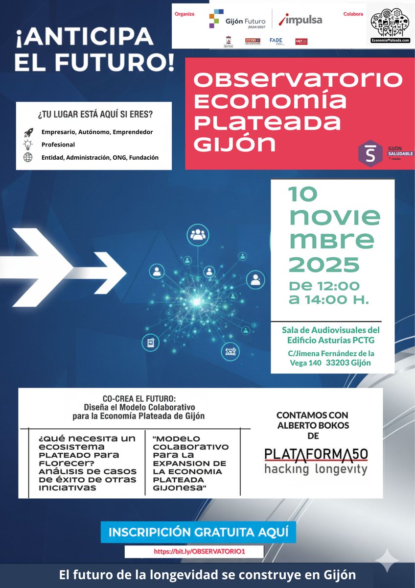📢 Gijón activa el Observatorio de la Economía Plateada 
📅 10 de noviembre · 12:00–14:00
📍 Edificio Asturias (PCTG)
✅ Gratis: bit.ly/OBSERVATORIO1
👤 Con Alberto Bokos – Plataforma 50
Organiza <a href="/GijonImpulsa/">Gijón Impulsa</a> Colabora @economiaplateada

#SilverEconomy #Longevidad #Innovació