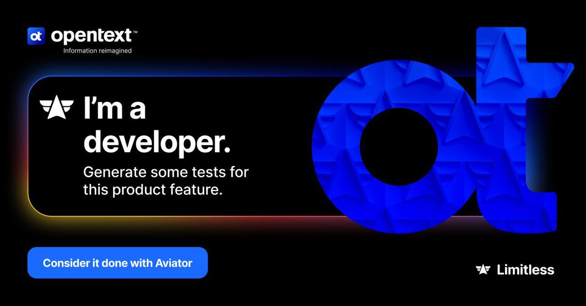 OpenTextDev's tweet image. OpenText Aviator makes software development simple through the power of #AI. Plus, the payoffs are huge:
🚀 Accelerated time-to-releases
🔐 Shift “everywhere” security adoption
💪 Strengthened regulatory compliance

Discover the limitless possibilities! bit.ly/3HelqrZ