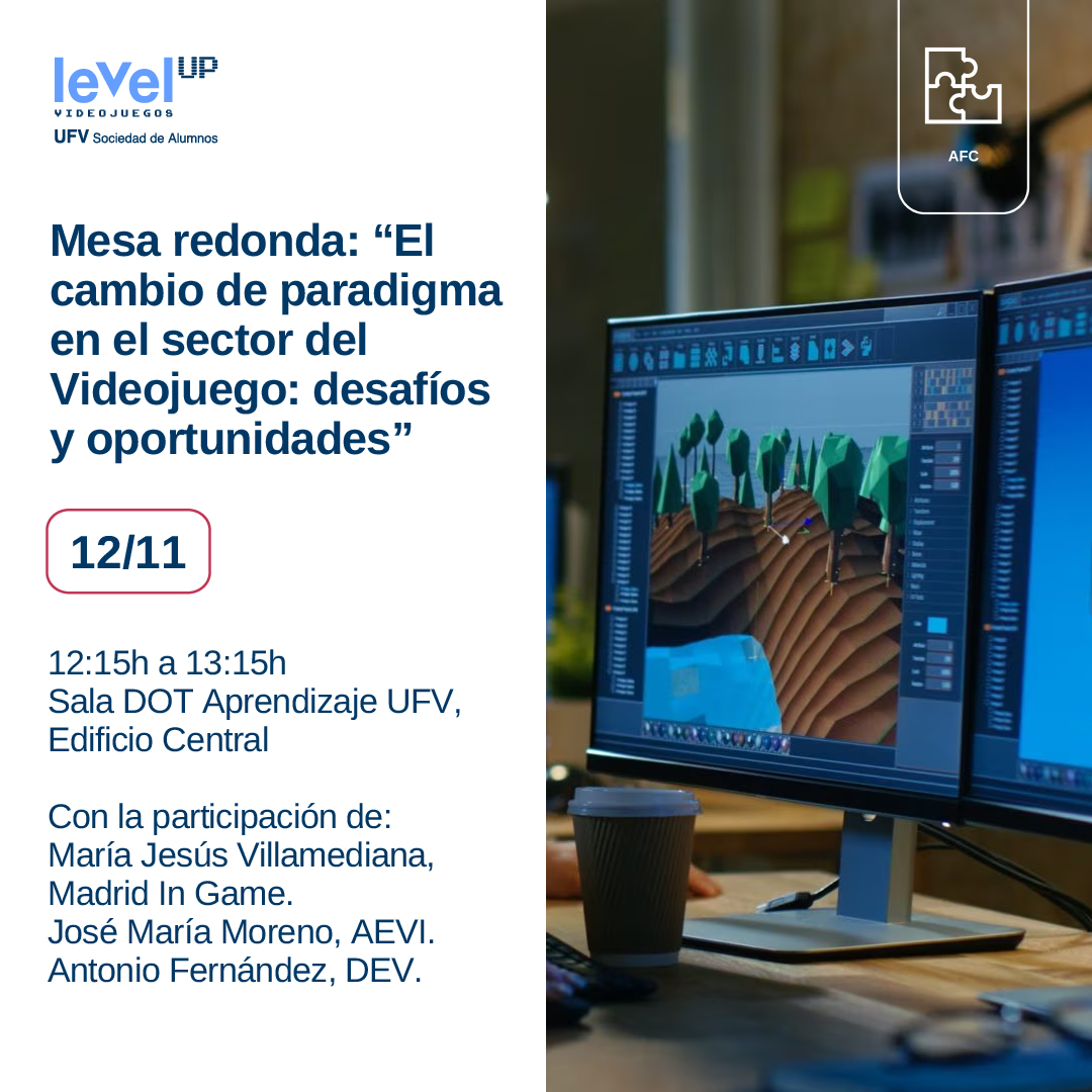 #SaveTheDate 
El próximo 12.11.25, la <a href="/ufvmadrid/">Universidad Francisco de Vitoria</a> acogerá una interesante mesa redonda sobre el sector del #videojuego. Intervendrán representantes de tres de las asociaciones más importantes de la industria: <a href="/MadridinGame/">Madrid in Game</a> <a href="/aevidevs/">Aevi Devs</a> y <a href="/dev_es/">Desarrollo Español de Videojuegos</a> 
Entrada libre, hasta completar aforo.
