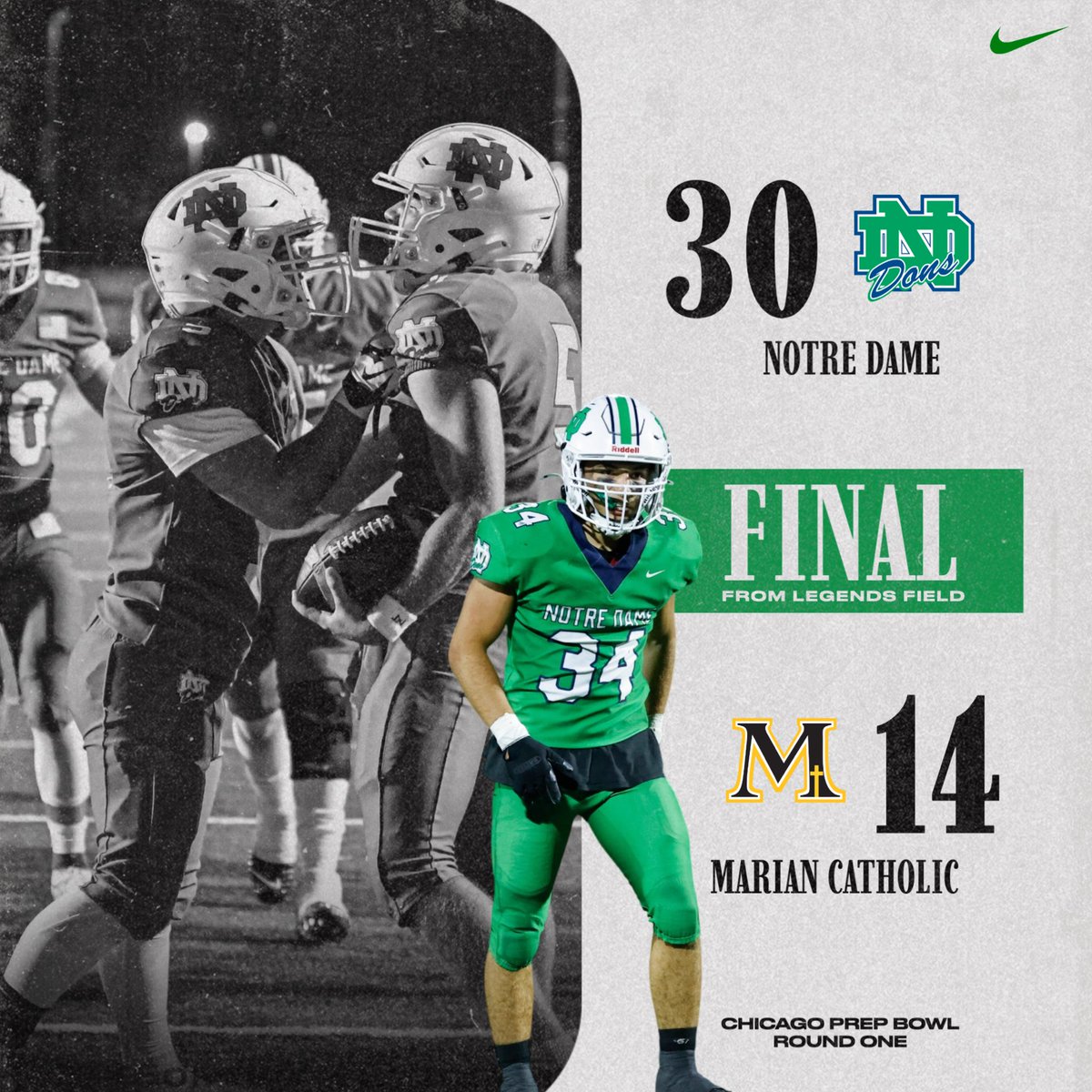 ndcp_athletics's tweet image. Dons win! @NDCP_Football defeats Marian Catholic 30-14 at Legends Field in Round 1 of the Chicago Prep Bowl last night! 

The Dons head to the city in two weeks for Round 2 at Saint Ignatius. #GoDons