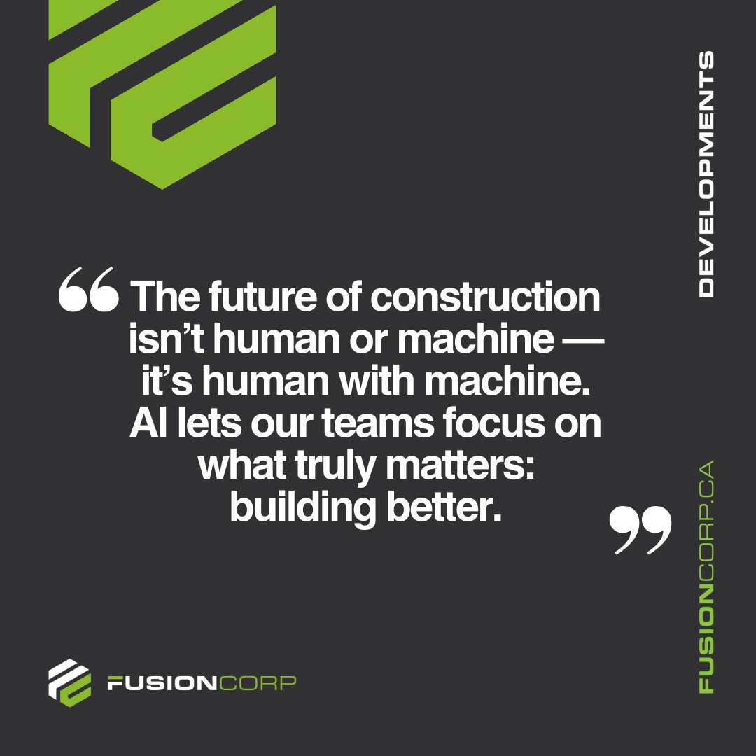 Fusioncorp_Dev's tweet image. The future of construction isn’t human or machine — it’s human with machine.

At Fusioncorp, AI helps our teams focus on what truly matters: building better. 🏗️

#Fusioncorp #AI #ConstructionInnovation #BuildingBetter #TorontoConstruction