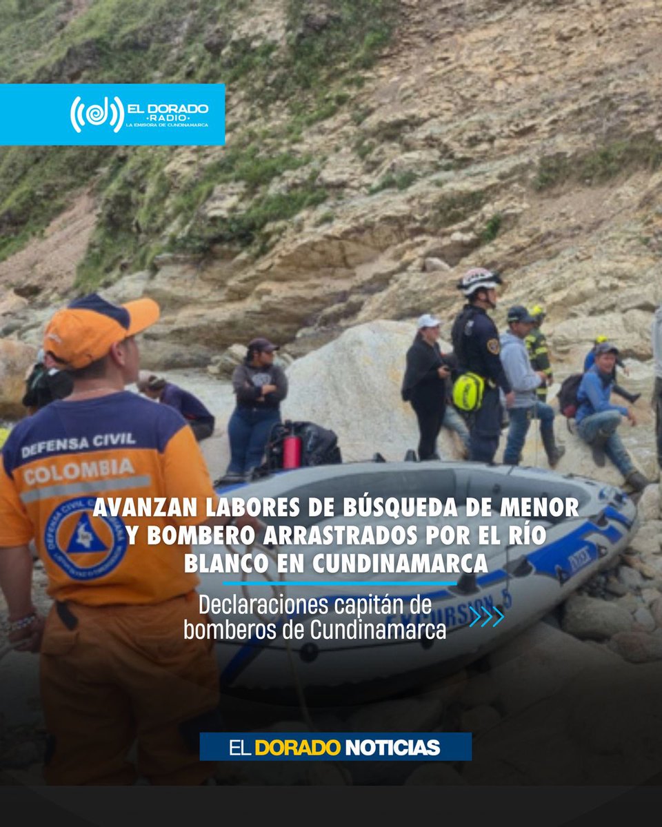 ElDoradoRadioCo's tweet photo. Siguen las labores de búsqueda en el río Blanco, #ElColegio.
La menor de 11 años Shairin Tovar y el subteniente Carlos Andrés Rozo, comandante de bomberos, desaparecieron cuando él intentaba rescatarla. Las corrientes dificultan la operación.
@BomberoFarfan @Bomberoscundi https://t.co/O5FwZj5zVC