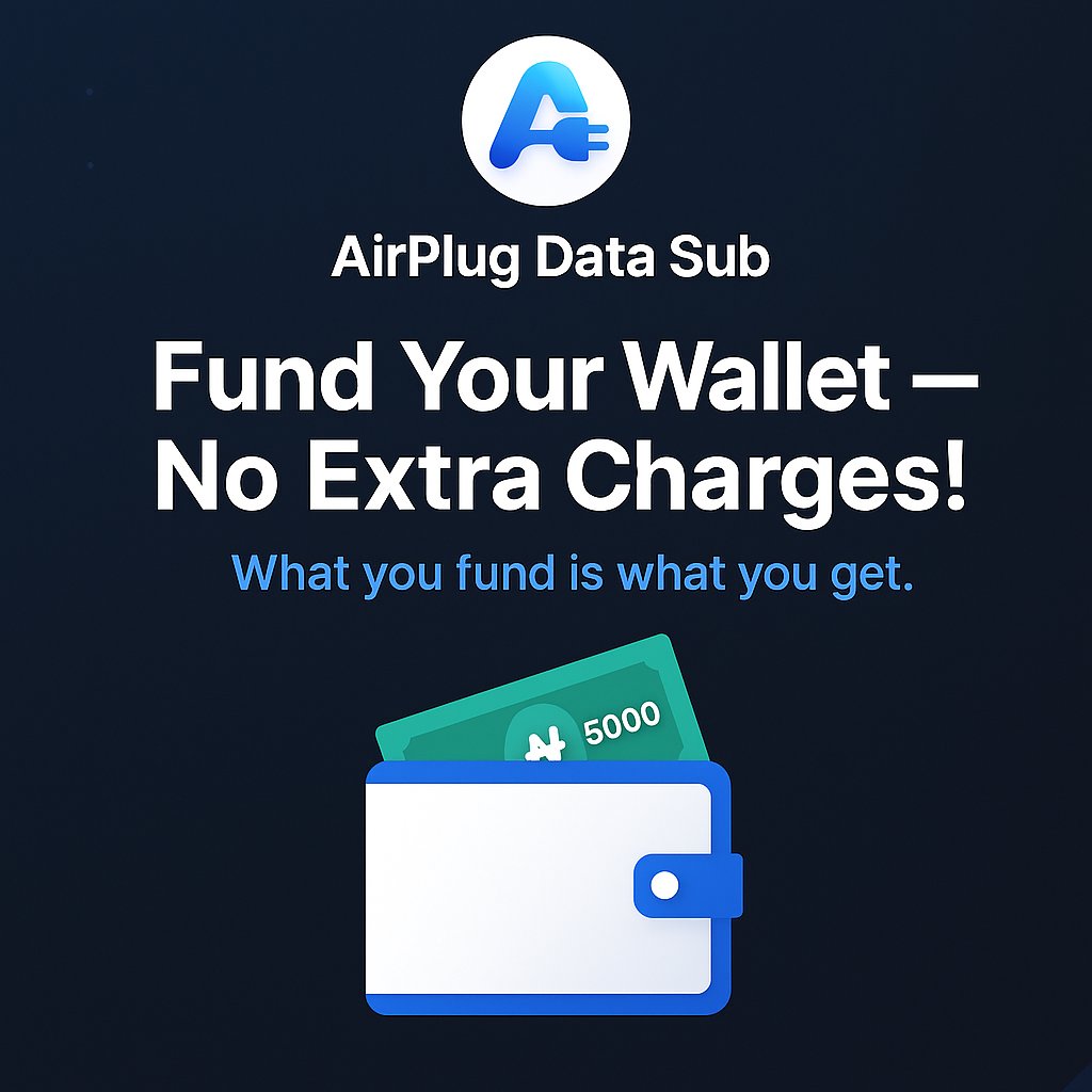 mrcode_ai's tweet image. At Airplug Data, we don’t charge you to fund your wallet.
If you fund ₦459 to buy MTN 1GB, you’ll get your 1GB instantly — no extra fees, no deductions.
✅ Fund your wallet
✅ Buy data
✅ Enjoy smooth, fast delivery

Powered by Aqtris Tech.
#AirplugData #NoCharges  #Nigeria