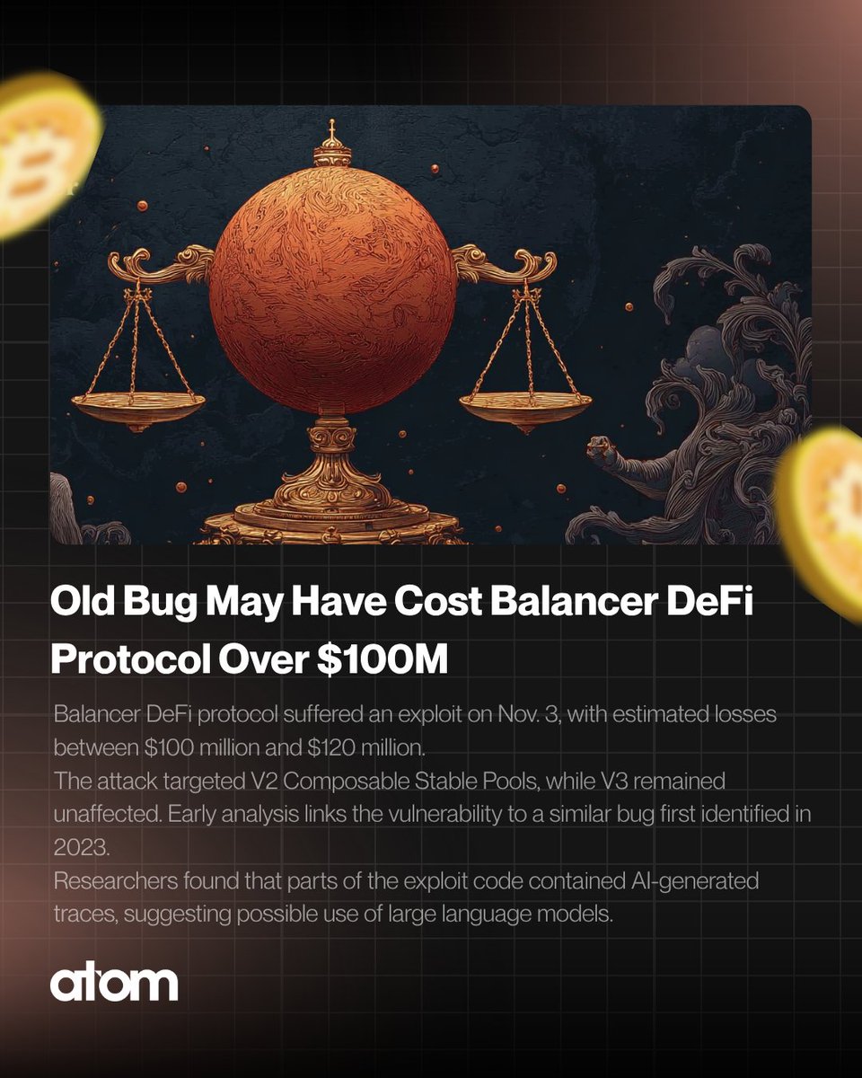 AtomWallets's tweet image. 💸 Huge DeFi hit!
Balancer exploited for over $100M due to an old bug resurfacing — with signs of AI-generated code in the attack.
DeFi risks are getting more complex. ⚠️
#DeFiNews #BalancerHack #CryptoHack #DeFiAlert #CryptoSecurity #Web3 #CryptoUpdate #AtomWallets