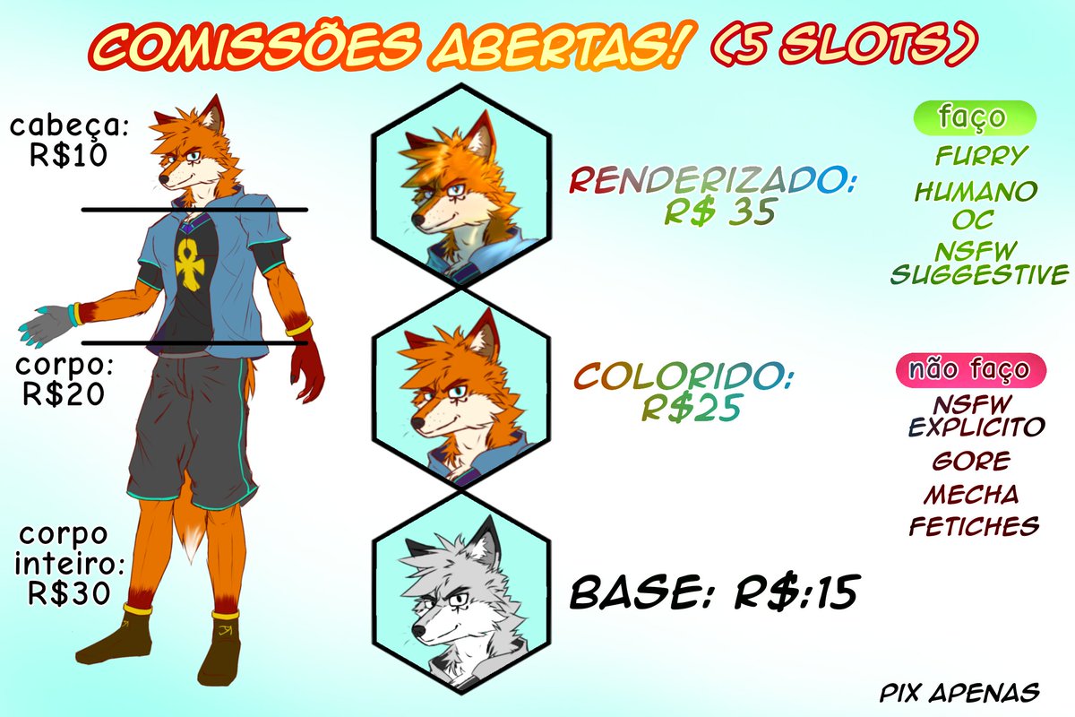 Gabriel6_Soul0's tweet photo. 🌟Comissões abertas!🌟
Aqui está a minha tabela de preços, leia com atenção e não deixe de perguntar ok?
#commissionsopen #furryartist #furry #artist #Commission #5slots #artwork https://t.co/HXPmHXxltB