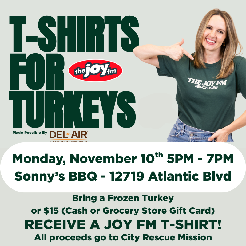 CRMJax's tweet photo. Let’s make a difference together, Jacksonville! 🦃💛
Bring a frozen turkey or $15 donation to Sonny’s BBQ on Nov. 10th from 5–7 PM and The Joy FM will give you a T-shirt as a thank-you!
Every donation supports City Rescue Mission and provides meals to families in need.
 #crmjax https://t.co/85QGSSRdbV