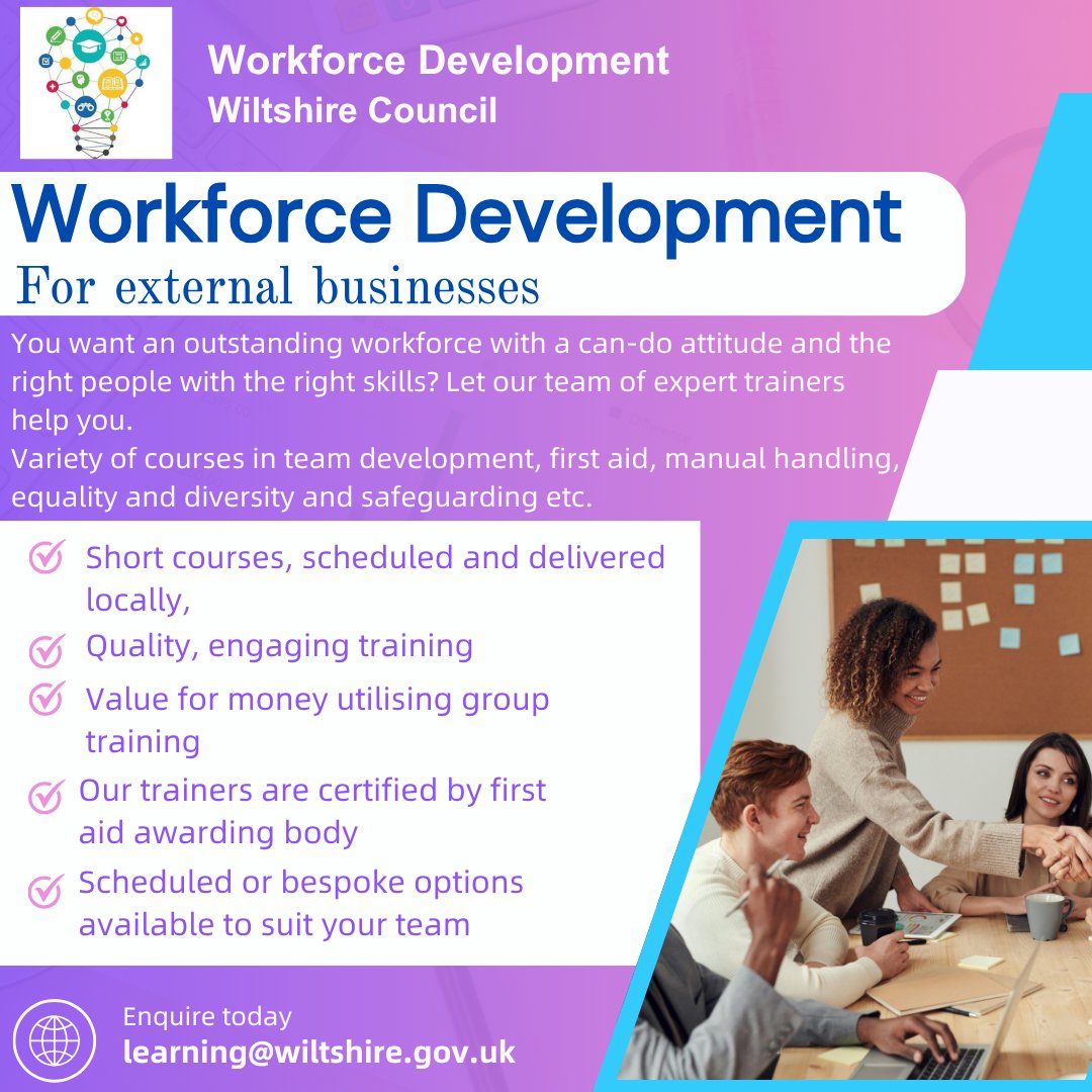 Boost your team’s skills with expert-led training from Wiltshire Council Workforce Development! 💡 

From first aid to team development, our engaging courses are tailored to your business needs and great value for money 📚 

Enquire today: learning@wiltshire.gov.uk ☑️
