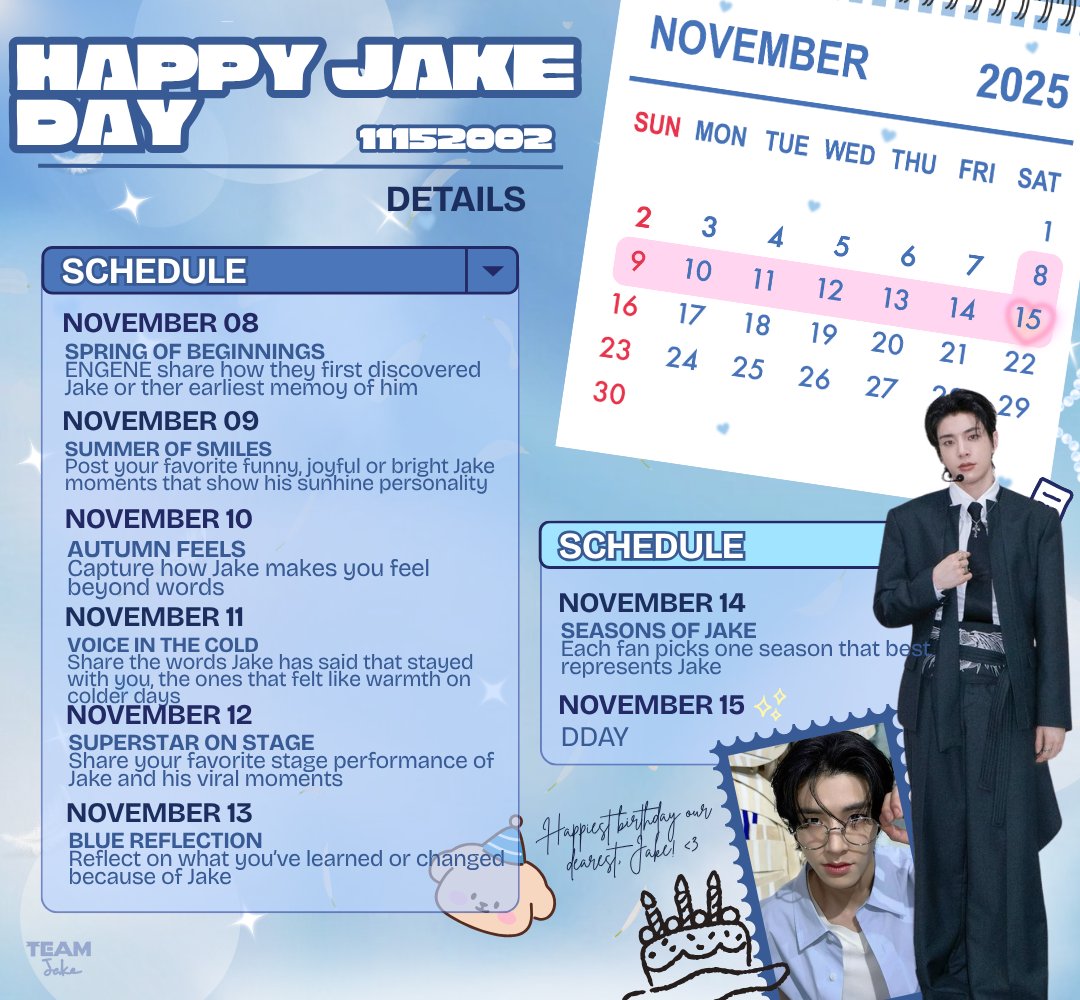 [B-DAY COUNTDOWN SCHEDULE] 

ENGENEs, check out our Birthday Countdown Schedule for #JAKE! 🥳

We are looking forward to your active participation from Nov. 8 to Nov. 14, 8 pm kst! Start preparing your entries. 😉🙏

#JAKEDAY2025 #제이크 #ENHYPEN_JAKE