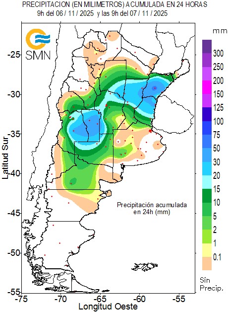 7 NOV | 🌧️ Continúan las lluvias en el Litoral. Estos son los valores de precipitación de las últimas 24h hasta las 9h:

Mercedes (Ctes) 60
Villa Reynolds 49
Paso de los Libres 37
San Luis 34
Concordia 33
San Rafael 33
Reconquista 31
Ceres 29
Santa Rosa de Conlara 28
Sunchales 21