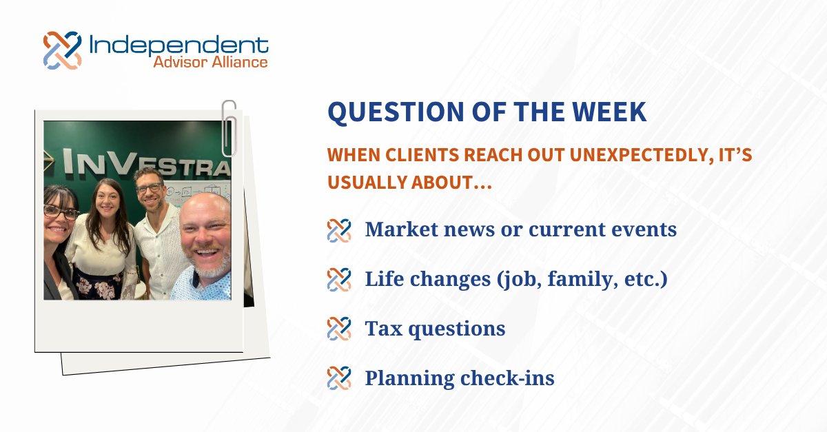independentaa's tweet image. 💭 When clients reach out unexpectedly, it’s usually about:

 📈 Market news
 👨‍👩‍👧 Life changes
 💰 Taxes
 📅 Planning check-ins
Advisors — what’s the #1 reason your clients call out of the blue? 👇

#WeAreIAA #AdvisorSupport #FinancialAdvisors