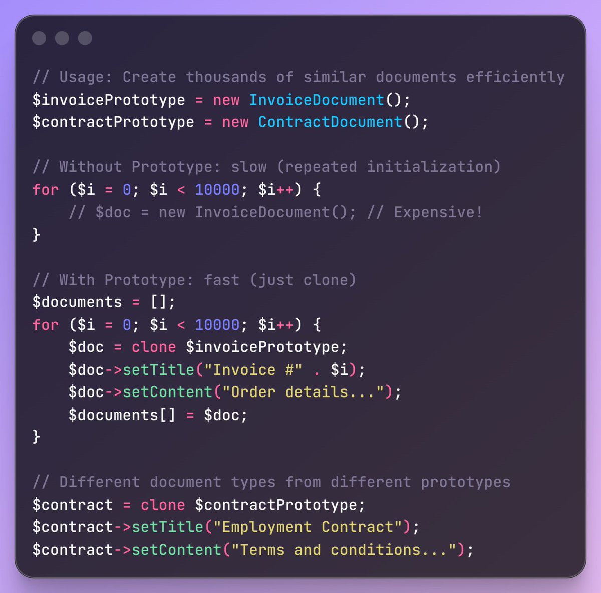 🔄 Prototype = clone instead of create.

Perfect for:

✅ Mass data operations
✅ Expensive object creation
✅ Bulk record generation
✅ Pre-configured templatesClone it, don't build it 🚀

#PHP