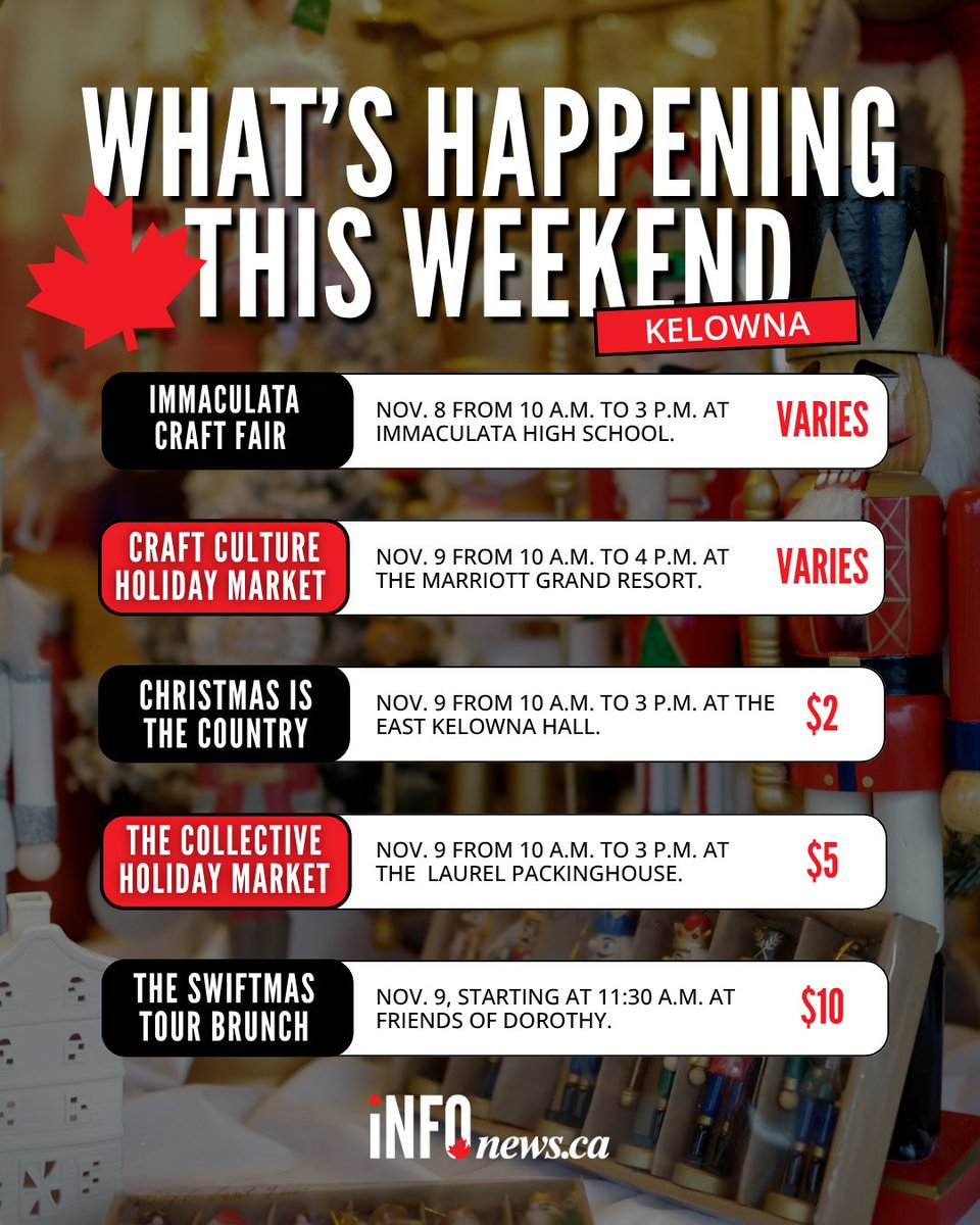 infonewskelowna's tweet image. Ready to get into the holiday spirit? There are plenty of events happening this weekend in the Thompson-Okanagan region to uplift the seasonal spirit.

Check out all the events here: infonews.ca/news/7414549/w…

#localevents #kelowna