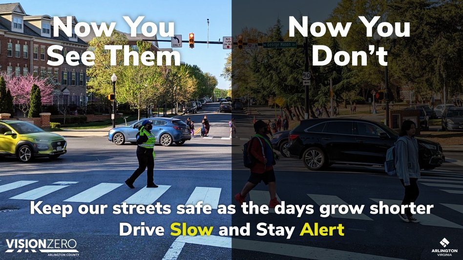 ArlingtonVA's tweet image. Daylight Saving Time has ended and more of us are commuting in the dark. Did you know that pedestrian crashes are 20% more likely in the darker months? Check out these #VisionZero tips on how to travel safely this fall &amp;amp; winter! 🚗🚶🔦 arlingtonva.us/About-Arlingto…