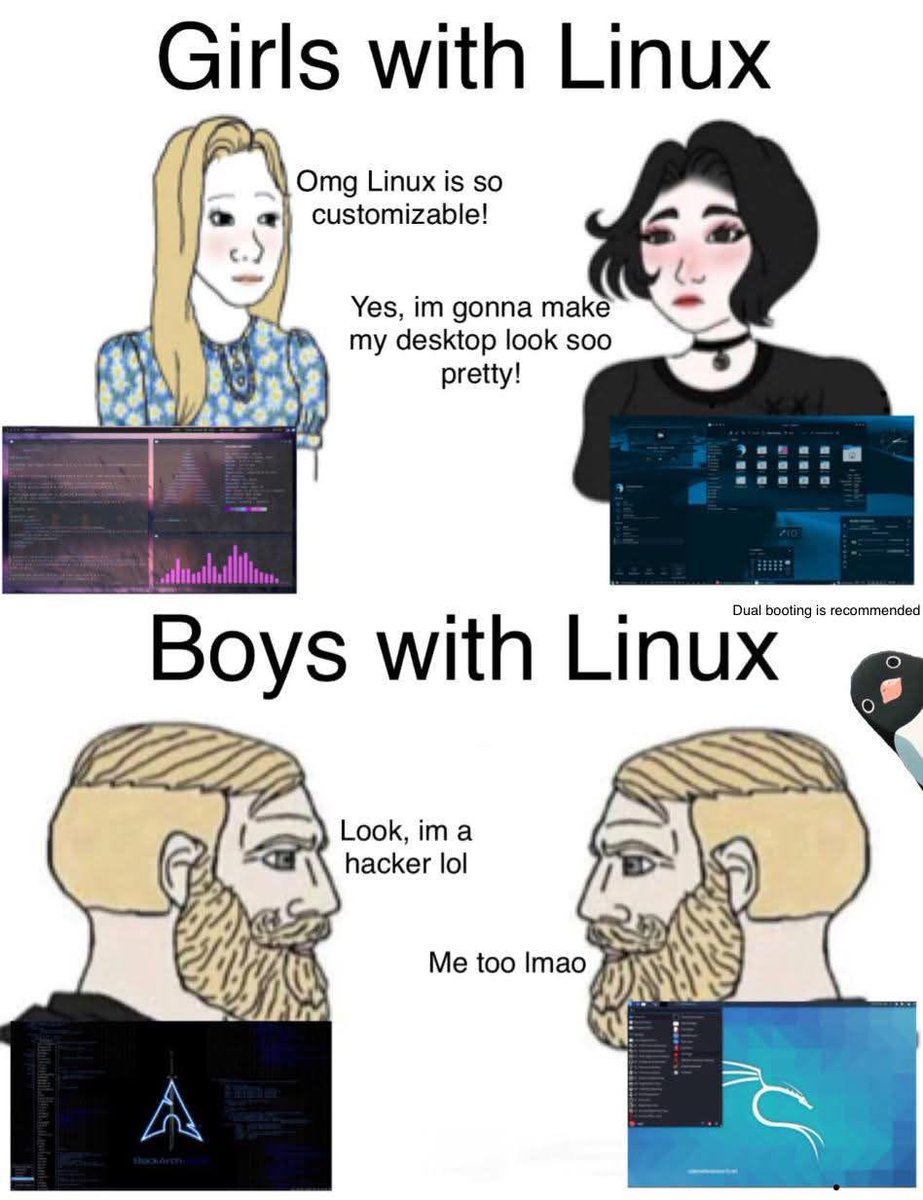 kishor_9810's tweet image. Linux users in a nutshell 😂
Girls: “Let’s make it aesthetic 💅✨”
Boys: “I’m basically in the Matrix now 🧠💻”
#LinuxHumor #TechMeme #ArchLinux #KaliLinux #OpenSource #SysAdminLife #Hackerman #GirlsWhoCode #DevLife #FOSS #GeekHumor