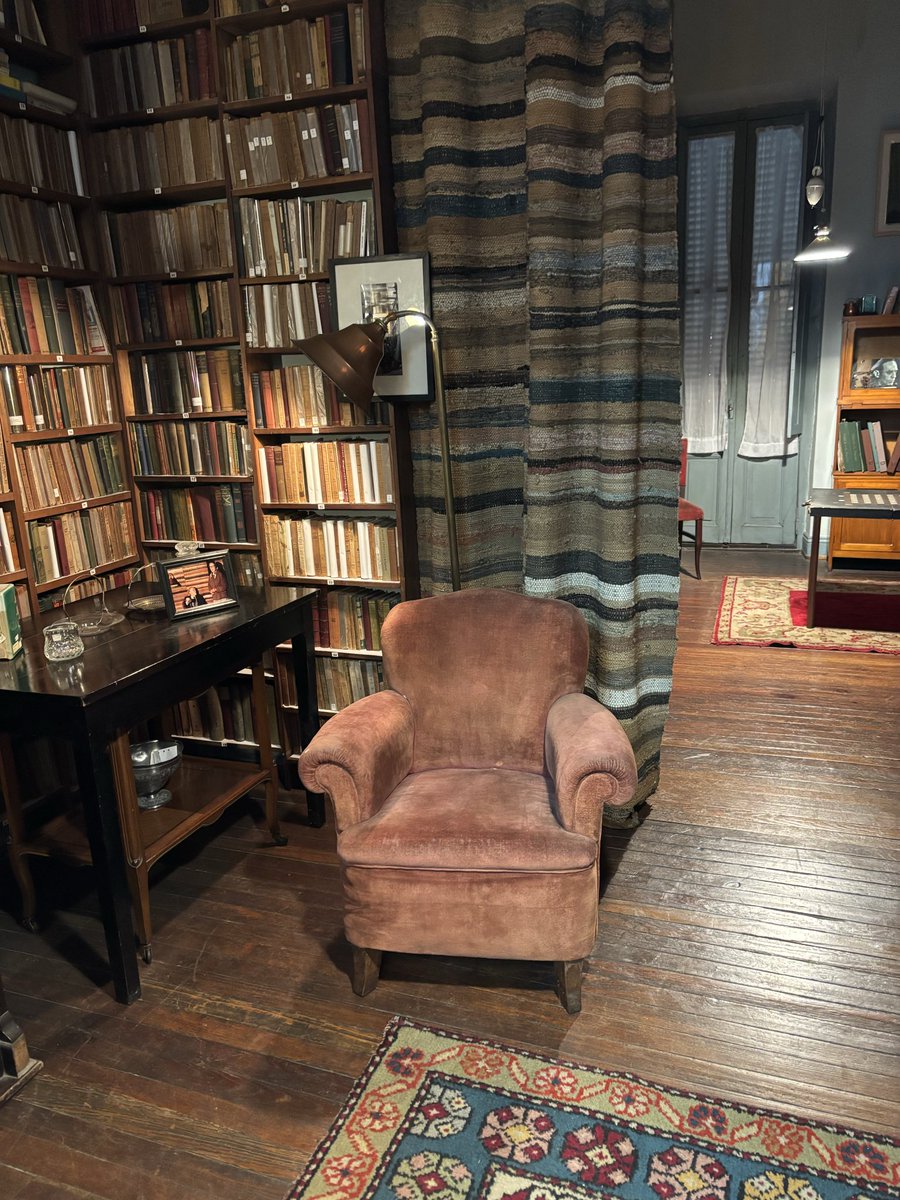Xul Solar’s living room, and the so-called “Borges chair.” Apparently Xul was extremely tall; you can see him towering over the seated Borges in the photo on the table.