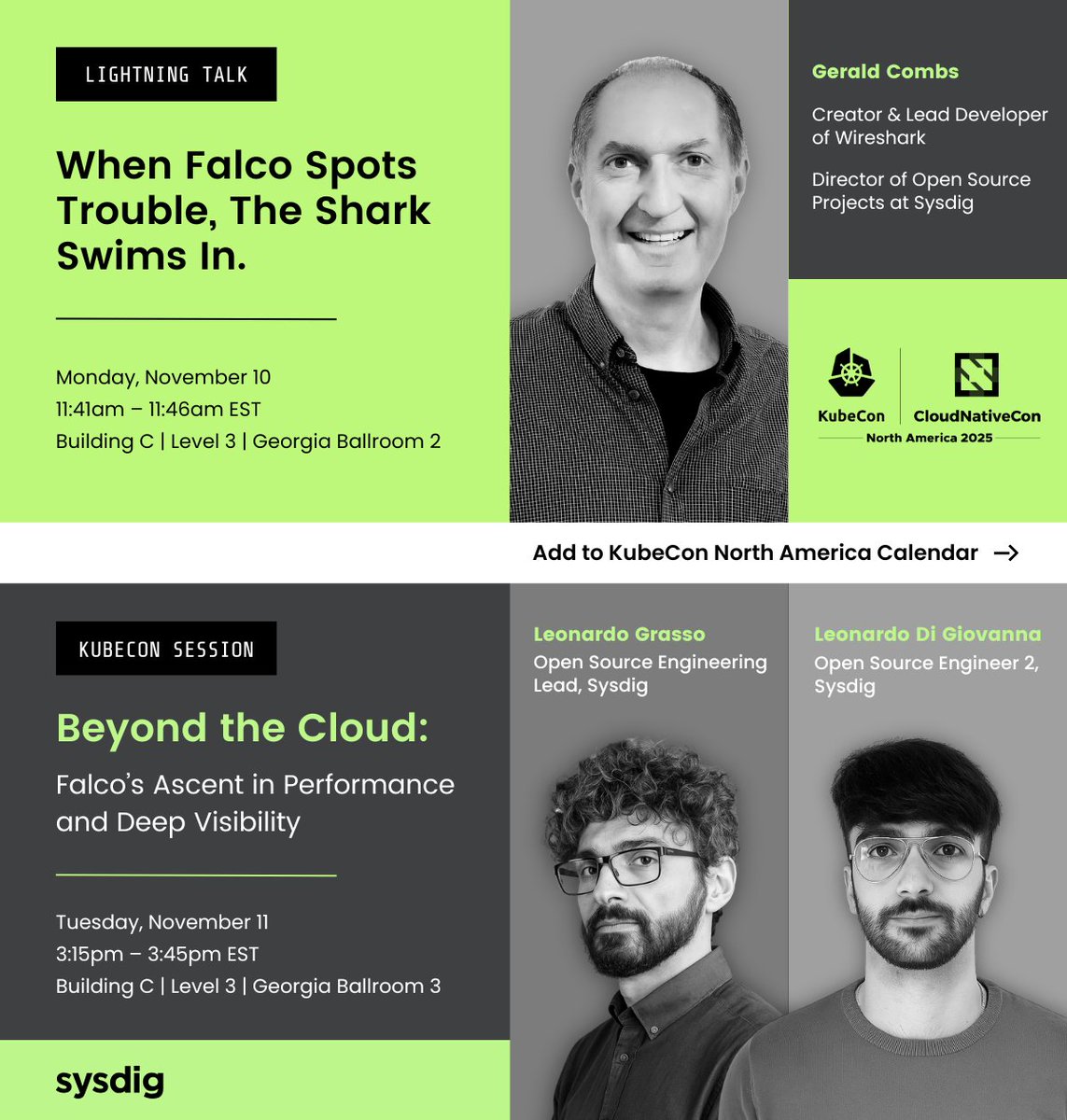 sysdig's tweet image. Don&apos;t miss Sysdig&apos;s two talks at @KubeCon_ NA! 👇

⚡ @GeraldCombs unveils Stratoshark: Wireshark-level visibility for cloud runtime events.

🦅 Maintainers present OSS @Falco_org&apos;s next chapter: faster performance + deeper insight.

Add to KCNA calendar: okt.to/VkfFqJ