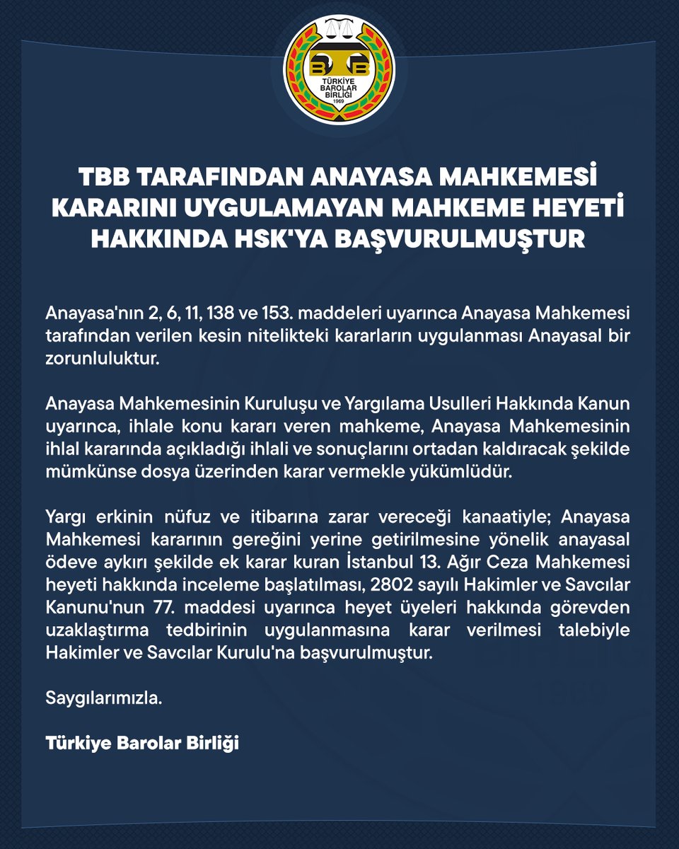 TBB Tarafından Anayasa Mahkemesi Kararını Uygulamayan Mahkeme Heyeti Hakkında HSK'ya Başvurulmuştur

👉  barobirlik.org.tr/Haberler/86035