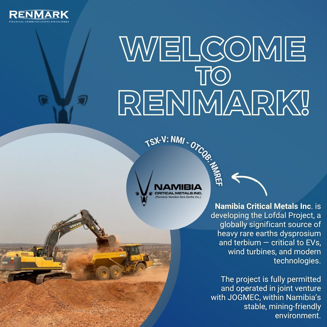 📣 Excited to welcome <a href="/NamibiaMetals/">NamibiaMetals</a> (TSX-V: NMI | OTCQB: NMREF)!

Advancing the Lofdal Heavy Rare Earth Project in Namibia — a Tier-1 source of dysprosium &amp; terbium for EVs, wind turbines &amp; clean tech.

🔗 Learn more: ow.ly/9MSF50Xj4sQ

#NamibiaCriticalMetals #RenmarkIR