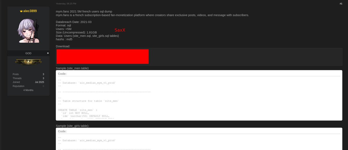 FranceNews24's tweet image. 🔴 INFO - #France : La plateforme #MYM (contenus pour adultes, basée à Lyon) a été piratée : une base d’environ 5 millions d’enregistrements a été diffusée, contenant pseudos, noms, adresses, emails, dates de naissance, mobiles, IP, dates d’inscription/connexion et mots de passe…