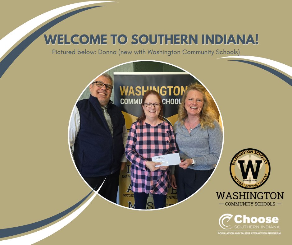 ChooseSoIN's tweet image. Help us welcome Donna to southern Indiana! Donna recently joined the Washington Community Schools community. We're excited to have her as part of our growing community!
Employers: Interested in attracting skilled talent to southern Indiana? Learn more at choosesouthernindiana.com/employer-incen…