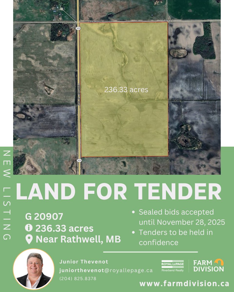LAND FOR TENDER near Rathwell, MB 236.33 acres. #yourfarmteam #wesellfarms #grainland #landfortender …lepageriverbendrealtyfarmdivision.com/listings/20907…