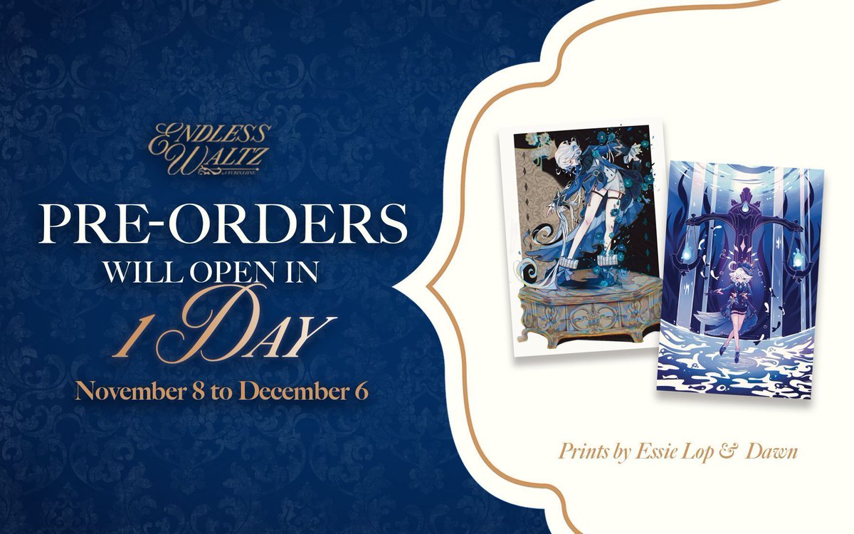 💧 1 DAY BEFORE PRE-ORDERS OPEN 💧

Pre-orders for #Furina Zine will open tomorrow, are you ready? 👀 Today we're thrilled to share these beautiful prints, illustrated by <a href="/EssieLop/">Essie❄️AH-45 JW Valencia</a> and <a href="/StarlitDewdrop/">☀️ Dawn/Tye! ✧˖° @ FURINA ZINE !</a>!

📆 Pre-orders will open on November 8, 11 PM GMT+8