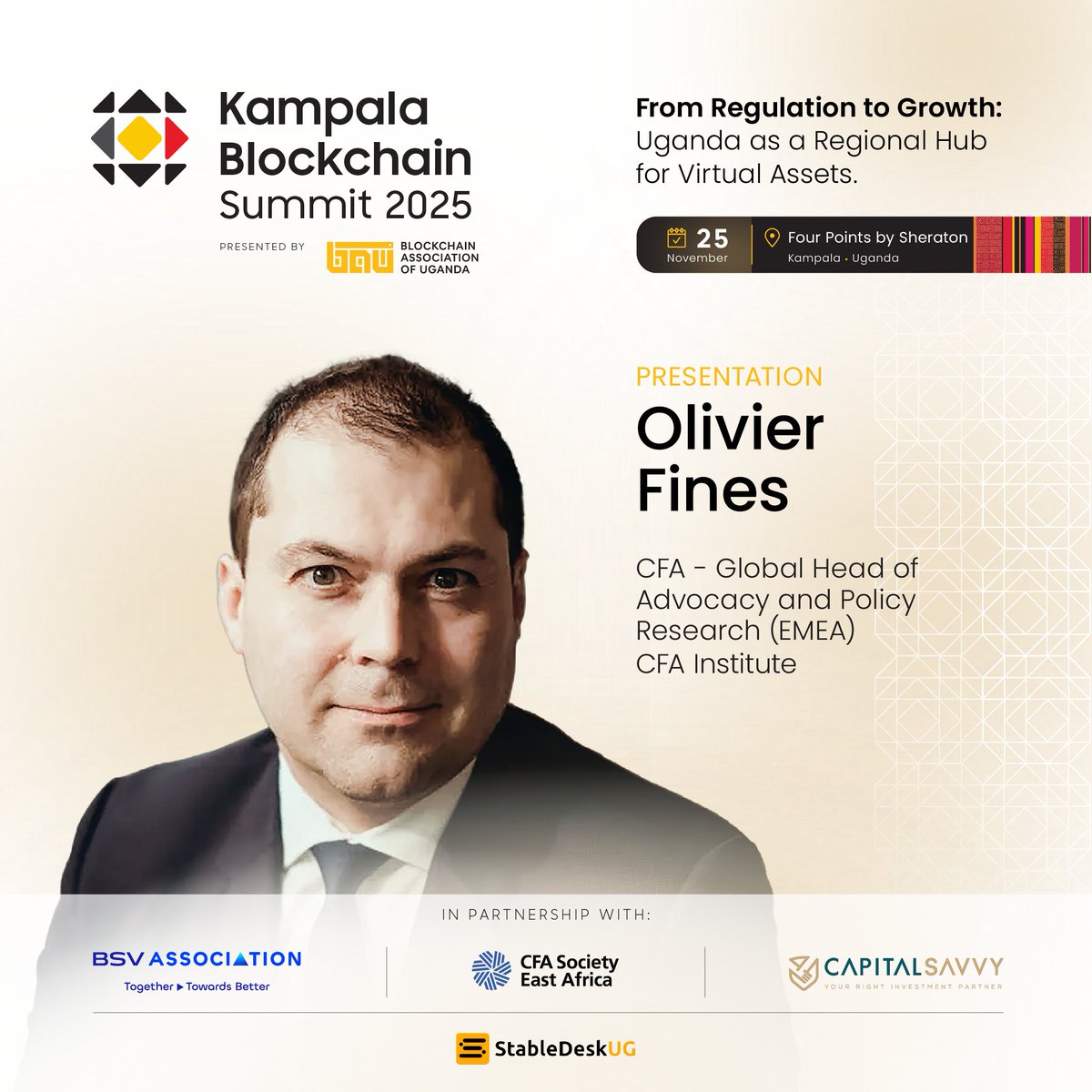 📣 How is tokenization reshaping investment?

🤝 Olivier Fines, CFA, Global Head of Advocacy &amp; Policy Research (EMEA) at the CFA Institute, will share “An Investment Perspective on Tokenization” at #KampalaBlockchainSummit2025.

🎫 Register your interest