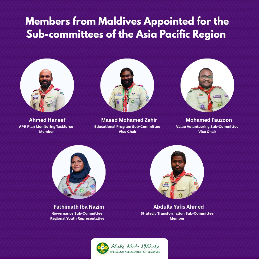 ScoutsMaldives's tweet image. At the 38th Asia-Pacific Scout Conference, members were appointed to the Regional Sub-Committees for 2025–2028. 

We are to Proud to share that 5 members from the Scout Association of Maldives were nominated! 

We wish them best of luck in their journey ahead.