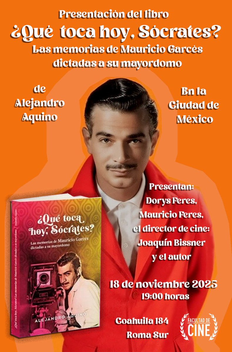 Amigos de Ciudad de México. Presento el libro "¿Qué toca hoy, Sócrates? Las memorias de Mauricio Garcés" en la Facultad de Cine. Este 18 de noviembre 2025, 7:00 p.m. Dirección exacta, en la imagen. 
#mauriciogarcés #Mauriciogarces Busca el libro en Amazon.