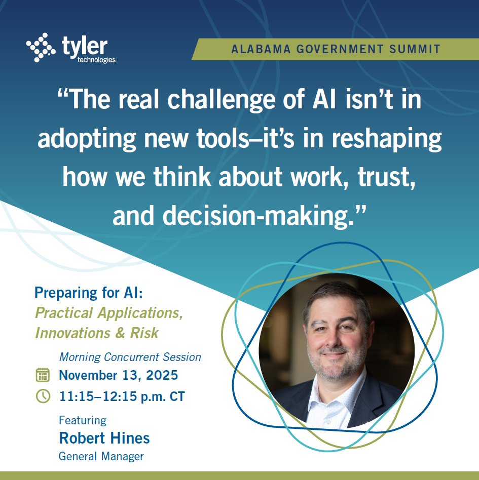 tylertech's tweet image. Tyler’s General Manager, Robert Hines, joins leaders to explore how governments can move beyond the AI buzz to use it safely and effectively.

📅 November 13 | Alabama Digital Government Summit
🔹 Don’t miss: Preparing for AI: Practical Applications, Innovation &amp;amp; Risk