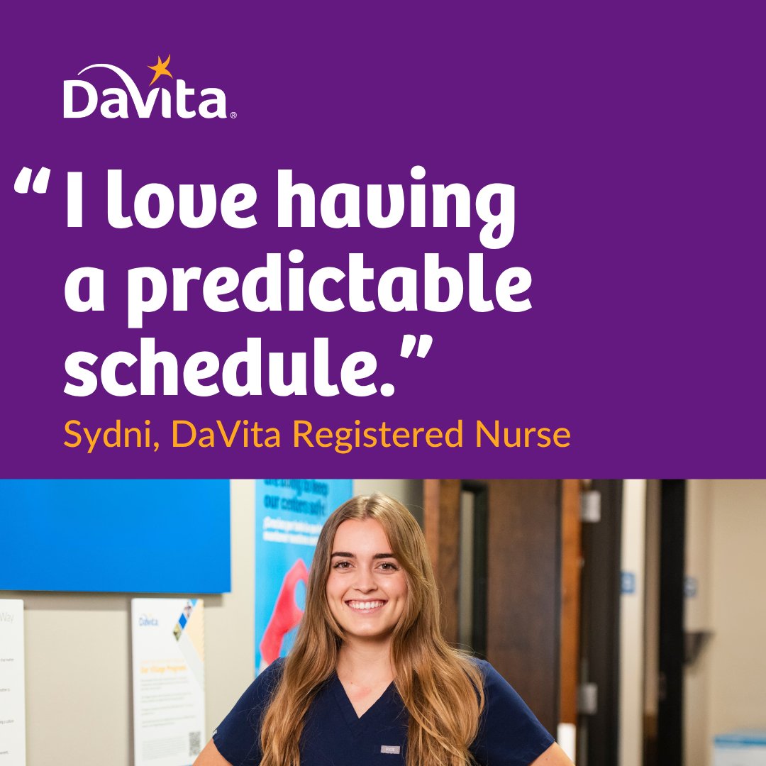 Nurses at DaVita enjoy predictable shifts for work-life balance. 💙 Apply now: ow.ly/f0wB50XnnNA #NursingCareers #NurseLife #WorkLifeBalance #NurseCommunity #NursingJobs #NursingOpportunities