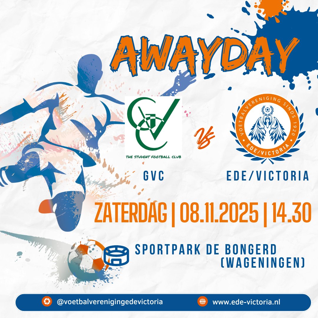 Awayday

📅 ZATERDAG 08 NOVEMBER 2025
🕒 14:30 UUR
⚽ GVC🔁 VV EDE/VICTORIA
🏟 SPORTPARK DE BONGERD (WAGENINGEN)

Voor het volledig programma van alle teams: ede-victoria.nl/116/programma/

<a href="/geldersvoetbal/">VoetbalGelderland.nl</a> <a href="/EdeStadSport/">EdeStadSport</a>  
#voetbal #competitie #awayday