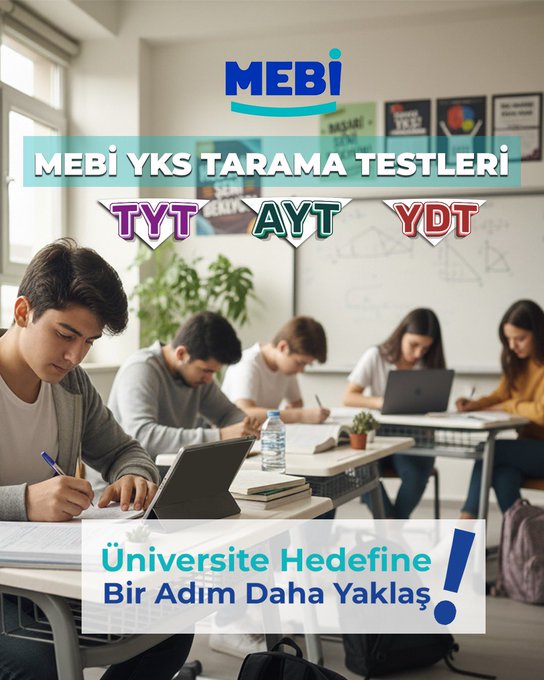 First image shows MEBI logo with text announcing YKS Tarama Testi booklets published including purple green and blue covered TYT AYT YDT books on a table with a student studying and icons for question solutions video content. Second image displays MEBI branding with question about what is expected in YKS tests showing numbers 361 tests and 6831 question solutions with a smiling male student and icons for capsules videos and exams. Third image features classroom scene with male and female students at desks using laptops and notebooks focused on studying under MEBI YKS Tarama Testleri banner for TYT AYT YDT towards university goal. Fourth image depicts female student writing in notebook in classroom with MEBI YKS Tarama Testleri text emphasizing completion of young students preparation steps.