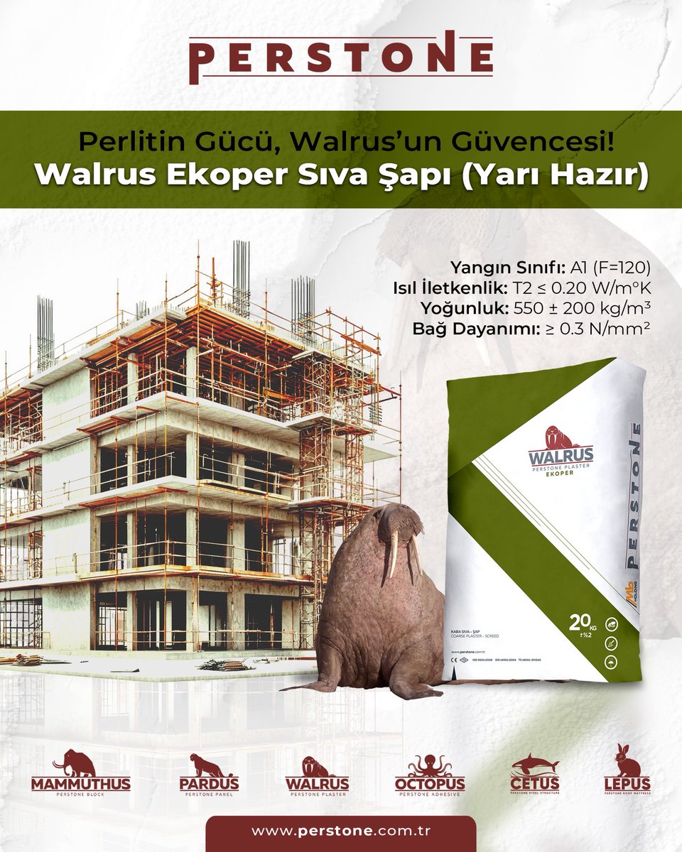 Perlit esaslı Walrus Ekoper Sıva-Şap; A1 (F=120) yangın sınıfı, T2 ≤ 0.20 W/m°K ısıl iletkenlik ve 550 ± 200 kg/m³ yoğunluk değerleriyle üstün ısı yalıtımı ve yangın güvenliği sağlar.