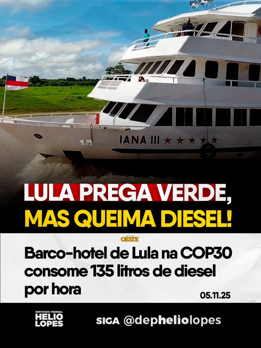 O discurso é sempre verde, mas a prática é puro diesel.
Quem fala em salvar o planeta deveria começar economizando combustível, não gastando 135 litros por hora pra passear na Amazônia.