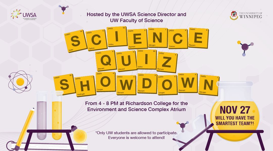 The Science Quiz Showdown is happening on November 27th! Will your team be the smartest? U of W students are invited to participate, and everyone is welcome to attend!