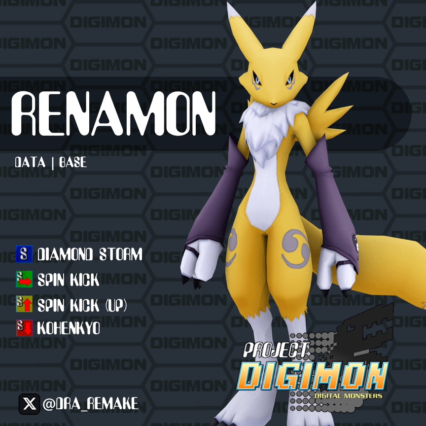 DRA_Remake's tweet image. Renamon is a technical rookie, able to angle their Diamond Storm attack to strike at many parts of the map. A trick of theirs has them swap places with their enemy, disorienting for a follow up! A skilled player can make her punch up to stronger foes .

#projectdigimon #Renamon