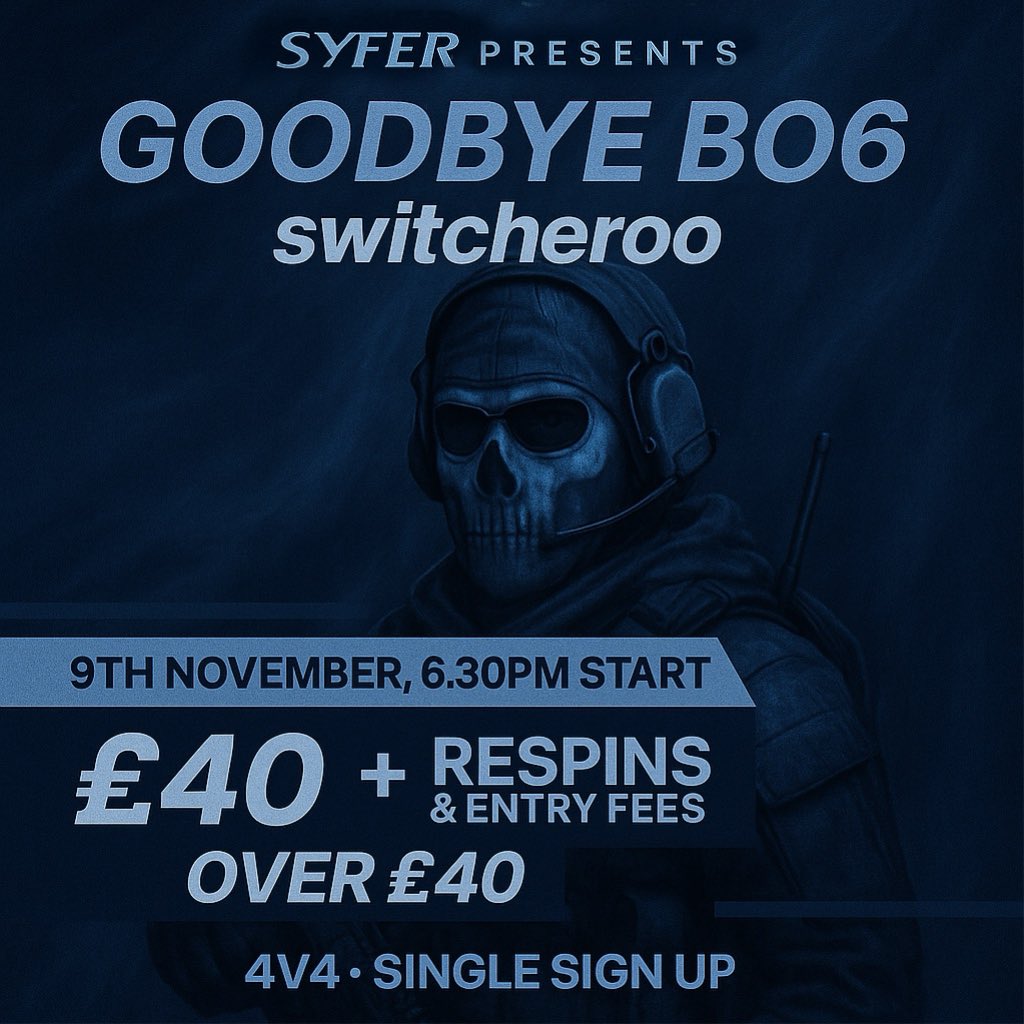 Tourney Sunday!

**__4v4 GoodBye Black Ops 6 Switcheroo__**
📆 9th November, 7pm UK Time Spins
🇪🇺 EU/UK Players Only

🧑‍🧒 SOLO SIGN UPS
🎡 Respins Enabled! 

🎟️ £2.50 
💰 £40 GTD + 90% of Respins &amp; Entries

**📨 Form:** forms.gle/qeKdonk3xHJGyM…