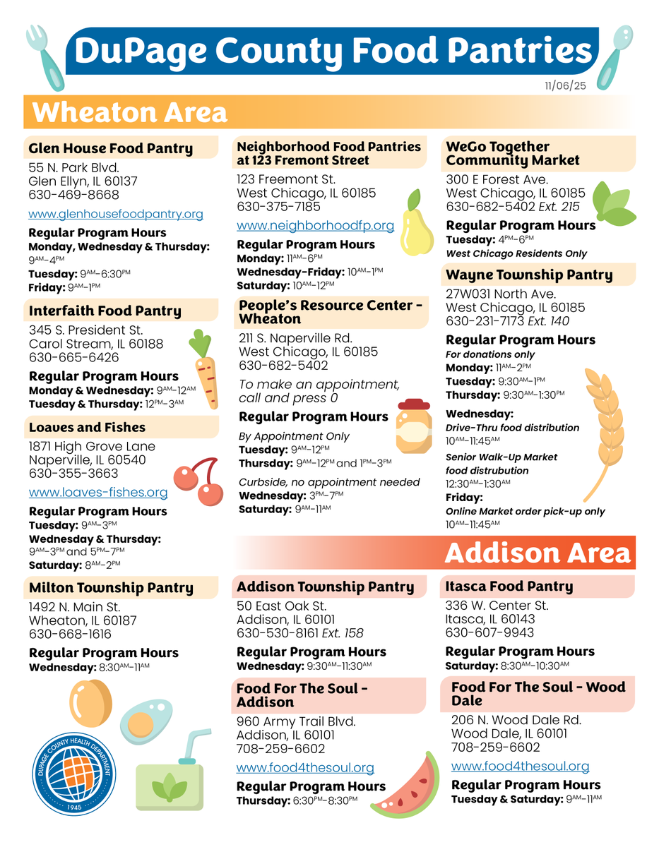 DuPageHD's tweet image. 🛒 Need help with groceries? 

Whether you’re looking for drive-thru, walk-in, or appointment-based services, there are several local food pantries offering free groceries &amp;amp; meals. 

🕒 Hours vary by location 

Additional recourses can be found at: 211dupage.gov